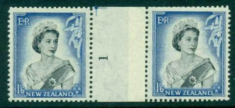 New Zealand 1954 QEII 1/6d Black & Ultramarine Coil Join #1 pair number sideways reading upwards