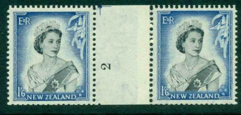 New Zealand 1954 QEII 1/6d Black & Ultramarine Coil Join #2 pair number sideways reading upwards