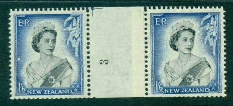 New Zealand 1954 QEII 1/6d Black & Ultramarine Coil Join #3 pair number sideways reading upwards