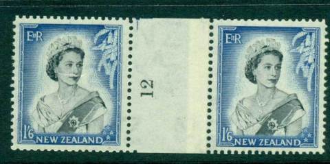 New Zealand 1954 QEII 1/6d Black & Ultramarine Coil Join #12 pair number sideways reading upwards