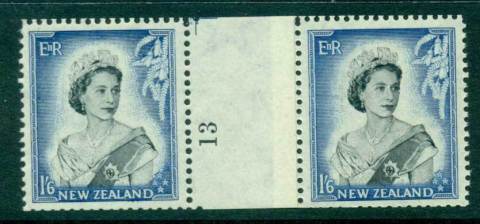 New Zealand 1954 QEII 1/6d Black & Ultramarine Coil Join #13 pair number sideways reading upwards