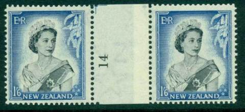 New Zealand 1954 QEII 1/6d Black & Ultramarine Coil Join #14 pair number sideways reading upwards