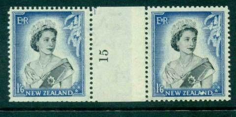 New Zealand 1954 QEII 1/6d Black & Ultramarine Coil Join #15 pair number sideways reading upwards