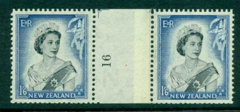 New Zealand 1954 QEII 1/6d Black & Ultramarine Coil Join #16 pair number sideways reading upwards