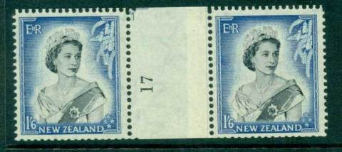 New Zealand 1954 QEII 1/6d Black & Ultramarine Coil Join #17 pair number sideways reading upwards