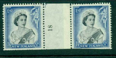 New Zealand 1954 QEII 1/6d Black & Ultramarine Coil Join #18 pair number sideways reading upwards