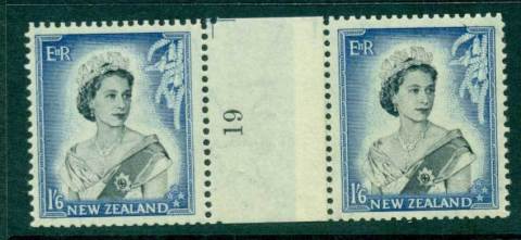 New Zealand 1954 QEII 1/6d Black & Ultramarine Coil Join #19 pair number sideways reading upwards