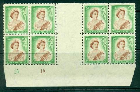 New Zealand 1954 QEII 9d Brown & Green Plate 1A 1A & Gutter Block 8