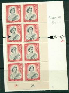 New Zealand 1954 QEII 1/- Black & Carmine Plate 1B 2B retouch Block 8