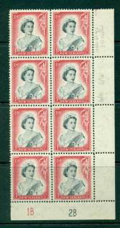 New Zealand 1954 QEII 1/- Black & Carmine Plate 1B 2B retouch Block 8