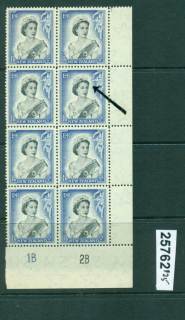 New Zealand 1954 QEII 1/6d Black & Ultramarine Plate 1B 2B re-entry Block 8