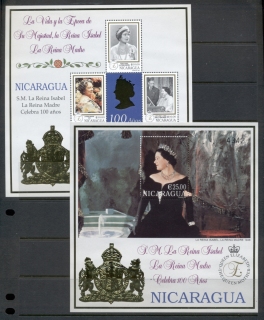 Nicaragua-1999 Queen Mother 100th Birthday gold foil embossed 2xMS