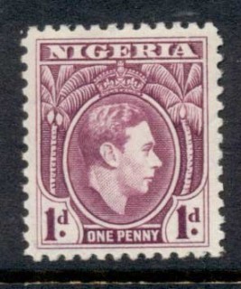 Nigeria-1944-KGVI-Pictorial-1d-KGVI-Portrait-red-violet-Perf-12-MLH