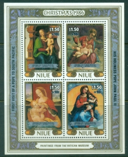 Niue-1986-Xmas-Paintings-in-the-Vatican-Museum-Surcharged-MS-MLH