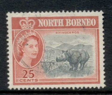 North-Borneo-1961-QEII-Pictorial-Rhinoceros-25c-FU