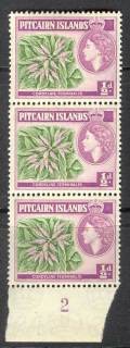 Pitcairn-Is-1957-QEII-1-2d-Plate-Strip-3-MUH-Lot14327