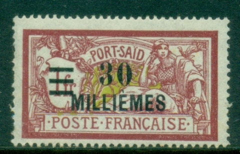 Port-Said-1925-Merson-New-Currency-bars-30m-on-1fr-claret-olive-green-MLH