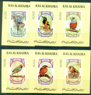 Ras-Al-Khaima-1972-Mi593-598-Birds-6xDLMS-Yellow-background-MUH