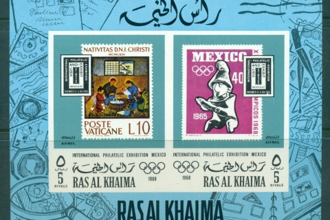 Ras-Al-Khaima-1969-MiMS70B-EFIMEX-Stamps-on-Stamps-MS-IMPERF-MLH