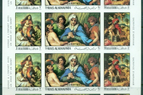 Ras-Al-Khaima-1970-Mi399-401B-Xmas-Paintings-sheetlet-IMPERF-MLH
