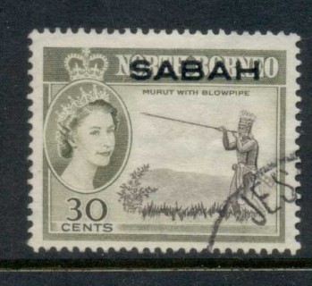 Sabah-1964-QEII-Pictorial-Opt-on-North-Borneo-30c-FU