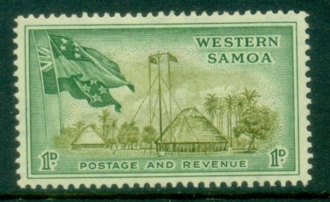 Samoa-1952-Pictorial-1d-Flags-Village-MLH