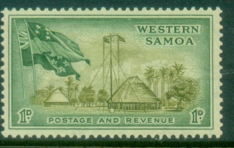 Samoa-1952-Pictorial-1d-Flags-Village