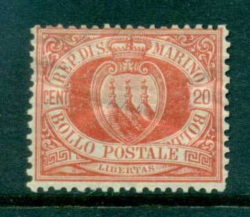 San-Marino-1877-99-20c-vermillion-Coat-of-Arms-creaseMLH-lot40087