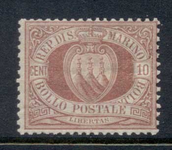 San-Marino-1877-99-Coat-of-Arms-10c-claret-MLH