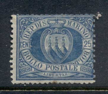 San-Marino-1877-99-Coat-of-Arms-25c-blue-faults-MLH