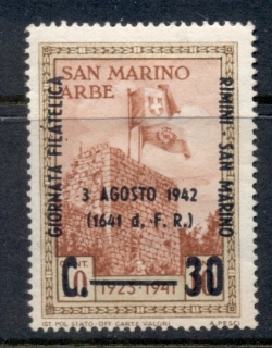 San-Marino-1942-Flags-of-Italy-San-Marino-Opt-Stamp-day-MLH