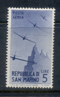 San-Marino-1946-47-Air-mail-Plane-5l-MUH