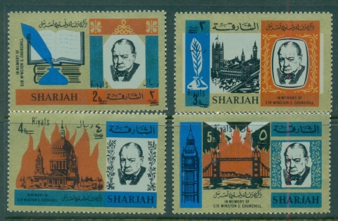 Sharjah-1966-Mi254-257-Winston-Churchill-Opt-New-Currency-black-2-bars-MLH