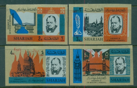 Sharjah-1966-Mi254-257B-Winston-Churchill-Opt-New-Currency-red-2-bars-IMPERF-MLH