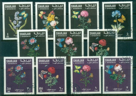 Sharjah-1967-Mi364-374-Flowers-Butterflies-CTO