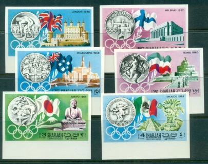 Sharjah-1968-Mi496-501B-History-of-the-Olympic-Games-IMPERF-MLH