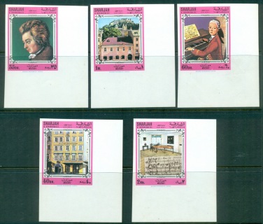 Sharjah-1970-Mi728-732B-Wolfgang-Amadeus-Mozart-IMPERF-MLH