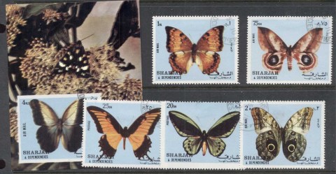 Sharjah-1972-Mi1018-22-Butterflies-MS-CTO