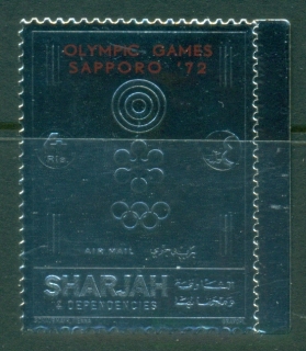 Sharjah-1972-Mi1043A-Winter-Olympics-Sapporo-Red-Opt-Silver-Foil-embossed-MLH