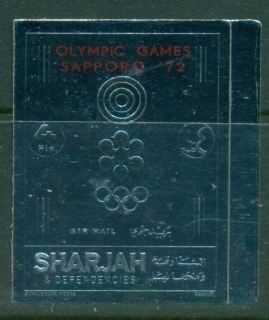 Sharjah-1972-Mi1043B-Winter-Olympics-Sapporo-Red-Opt-Silver-Foil-embossed-IMPERF-MLH