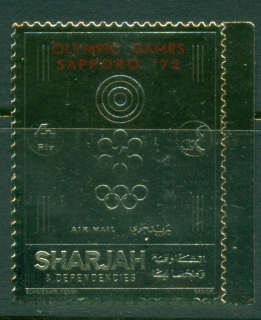 Sharjah-1972-Mi1044A-Winter-Olympics-Sapporo-Red-Opt-Gold-Foil-embossed-MLH