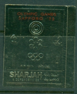 Sharjah-1972-Mi1044B-Winter-Olympics-Sapporo-Red-Opt-Gold-Foil-embossed-IMPERF-MLH