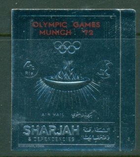 Sharjah-1972-Mi1047A-Summer-Olympics-Munich-Red-Opt-Silver-Foil-embossed-IMPERF-MLH