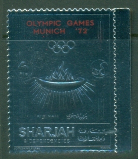 Sharjah-1972-Mi1047A-Summer-Olympics-Munich-Red-Opt-Silver-Foil-embossed-MLH