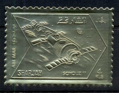 Sharjah-1972-Mi1062A-Soyuz-11-Gold-Foil-Embossed-MUH