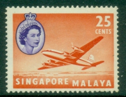 Singapore-1955-QEII-Pictorial-25c-Argonaut-Plane-MLH