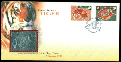 Singapore-1998-New-year-of-the-Tiger-Pewter-FDC