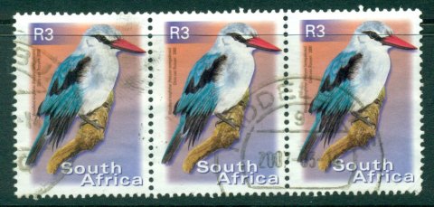 South-Africa-2000-3R-Woodland-Kingfisher-Strip-3-FU-Lot24049