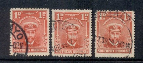 Southern-Rhodesia-1924-30KGV-Portrait-1d-scarlet-3xshades-FU