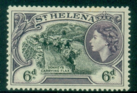 St-Helena-1953-QEII-Badge-of-the-Colony-6d-Donkeys-Carrying-Flax-MLH